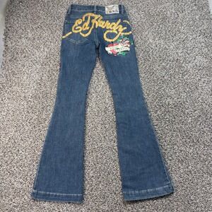 Ed Hardy Women's 24x32 Flare Jeans Blue True Love Dagger Love Eternal Tattoo Y2K